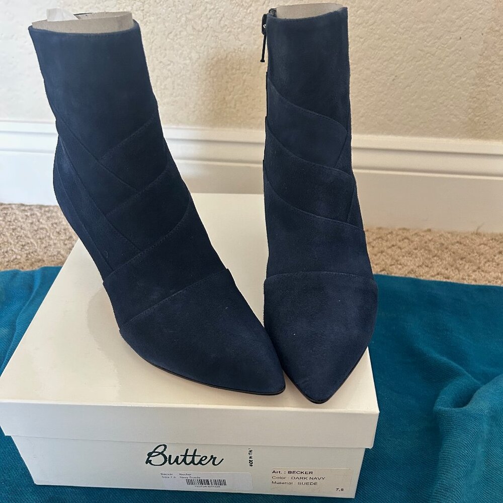 Butter Brand - Blue Suede Ankle Booties - Kitten Heel - SIZE 7.5